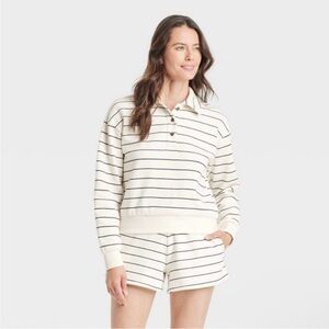 Universal Thread Leisure Studio Long Sleeve Stripe Fleece Polo Sweatshirt Size L